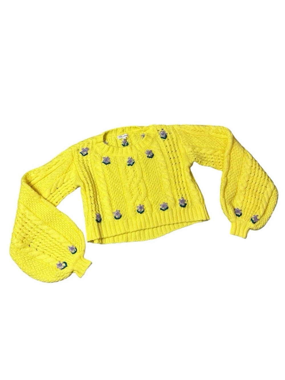 For Love And Lemons Savannah Boxy Crop Yellow Floral Knit Sweater Small